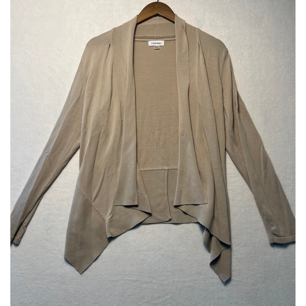 Calvin Klein L Cardigan Minimalist Professional Tan Open Front Office Fall Basic